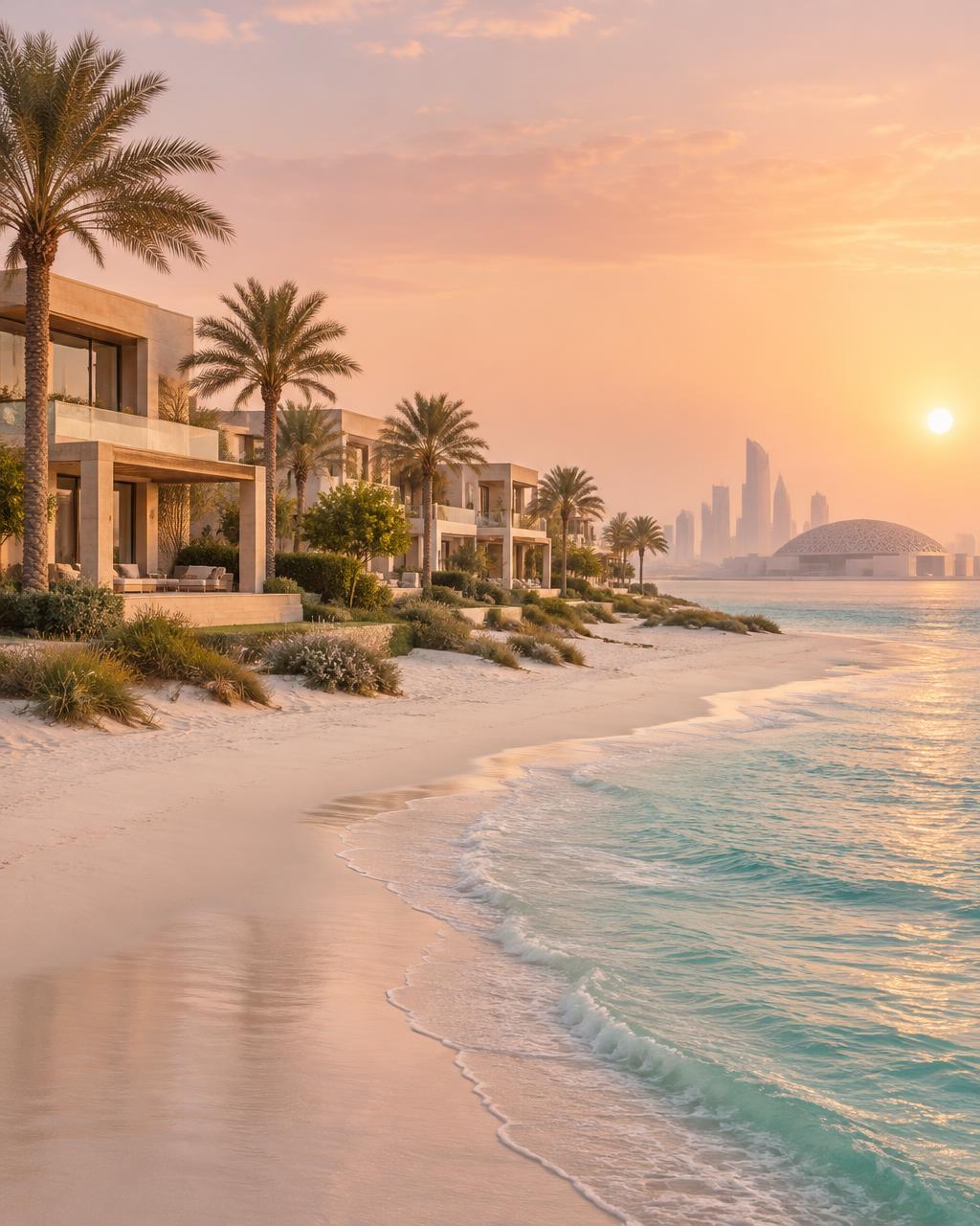 Beachfront villas on Saadiyat Island, Abu Dhabi, at golden hour